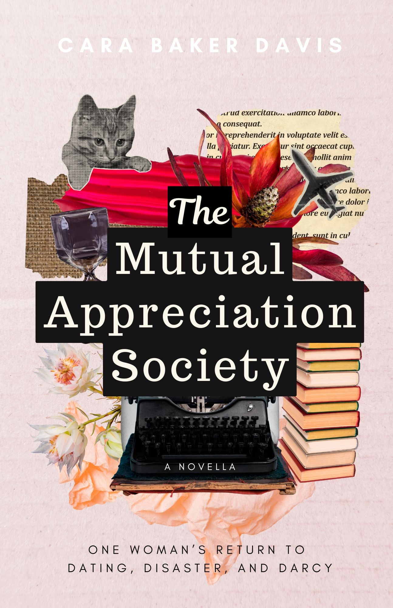 Book cover of 'The Mutual Appreciation Society' with a typewriter, books, and cat on a pink background.