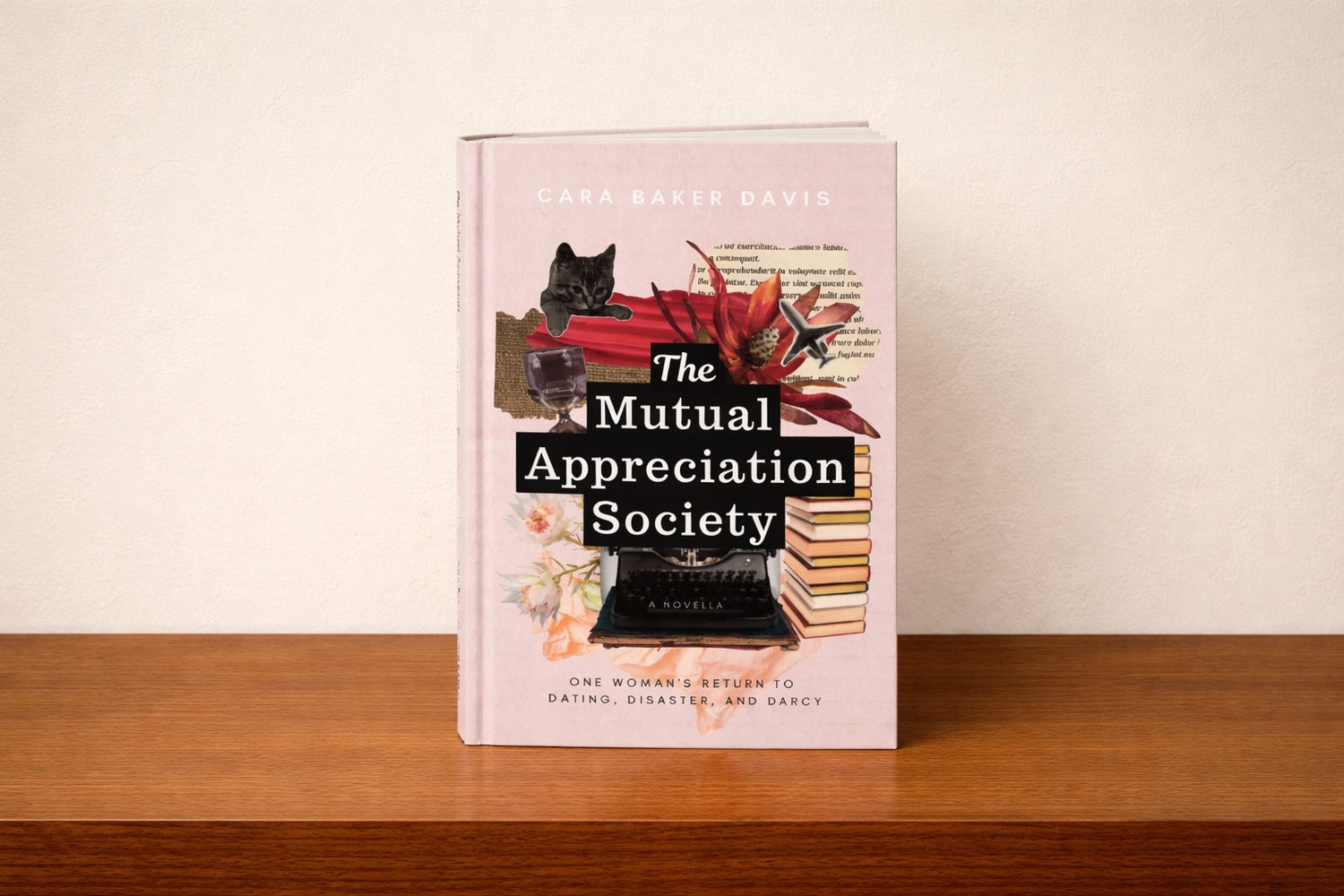 Book titled 'The Mutual Appreciation Society' on a wooden surface with a white background